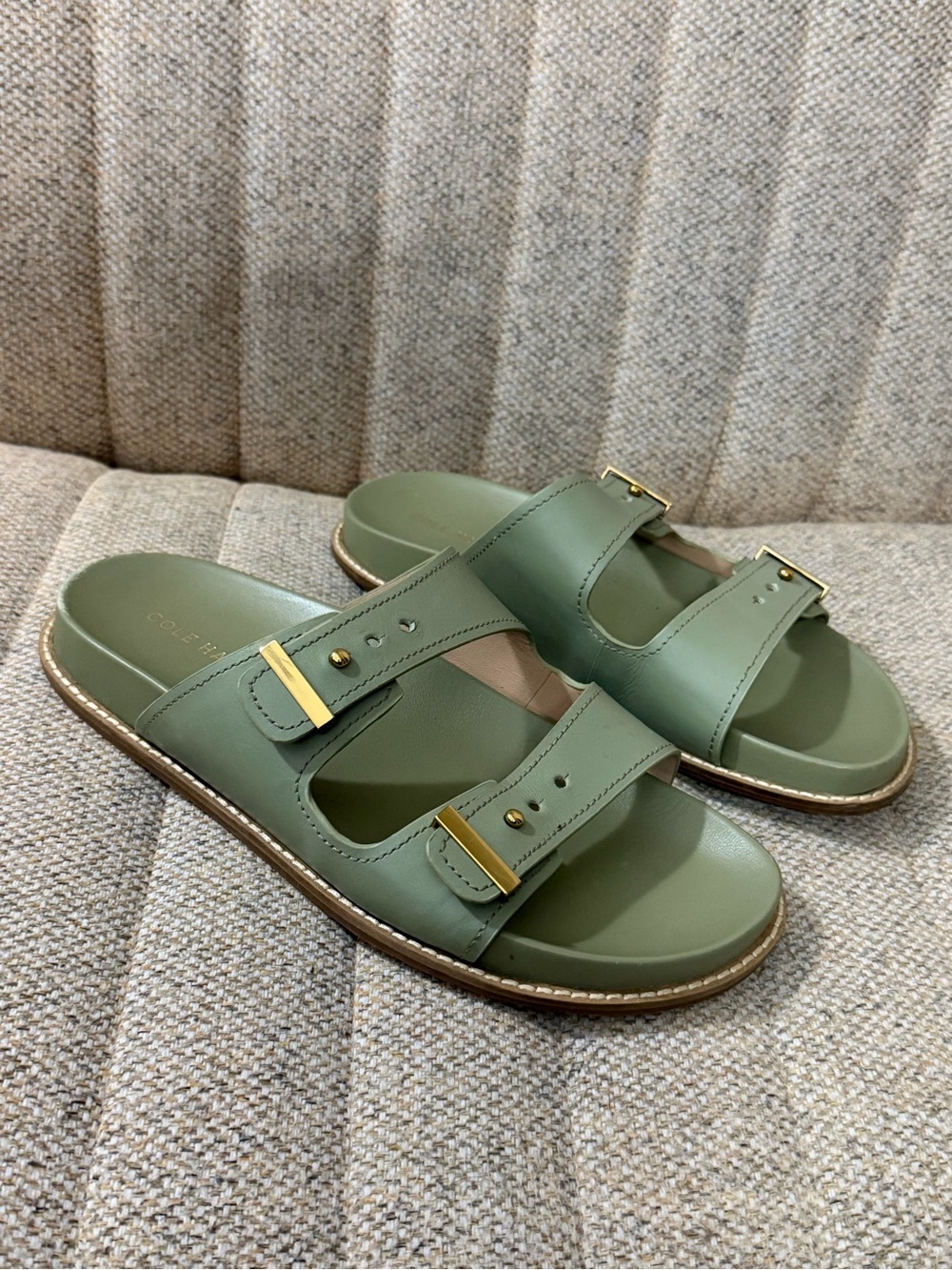 COLE HAAN Olive Green Double-Buckle Slide Sandals with Gold Hardware, sz 8